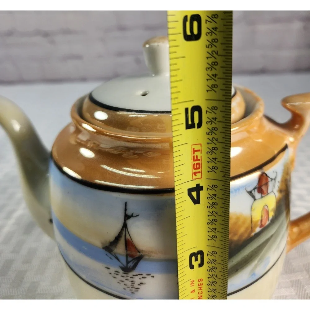 Vtg Hand Painted Pagoda Boat Lake Teapot Set Cream & Sugar Japan Luster 1915